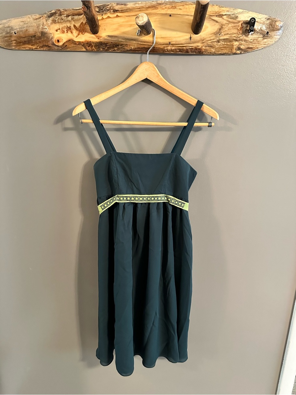 Women's Dark Teal Square-Neck Mini Dress with Ribbon Waist - Handmade